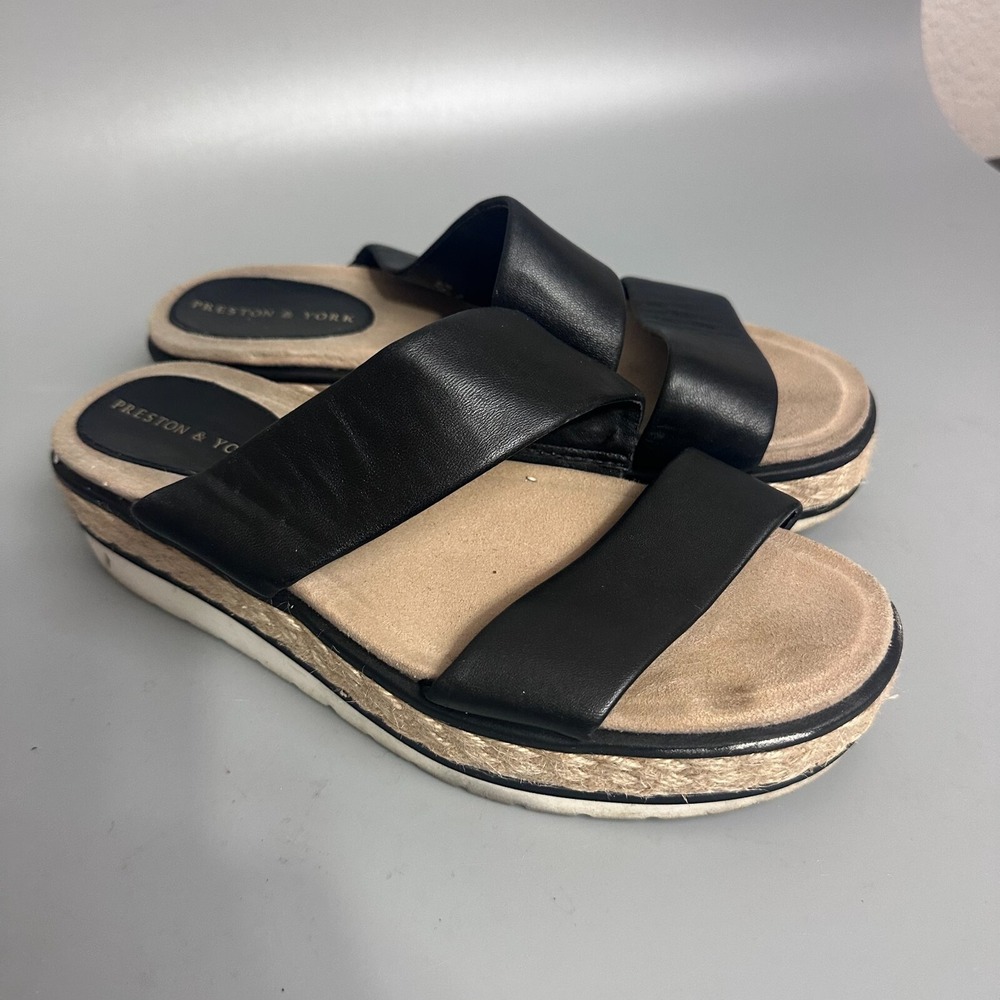 Preston & York Black Leather Espadrille Platform Slide Sandals Womens 8.5‎ M